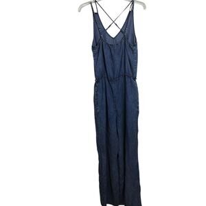 4693)Doe & Rae Tencel Chambray  Crisscross Wide Leg Pockets Jumpsuit Medium